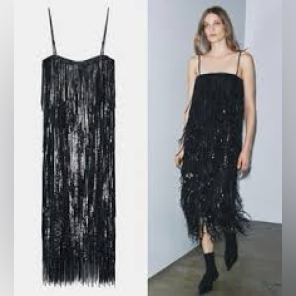 Zara Black Fringe Midi Dress - Picture 6 of 8